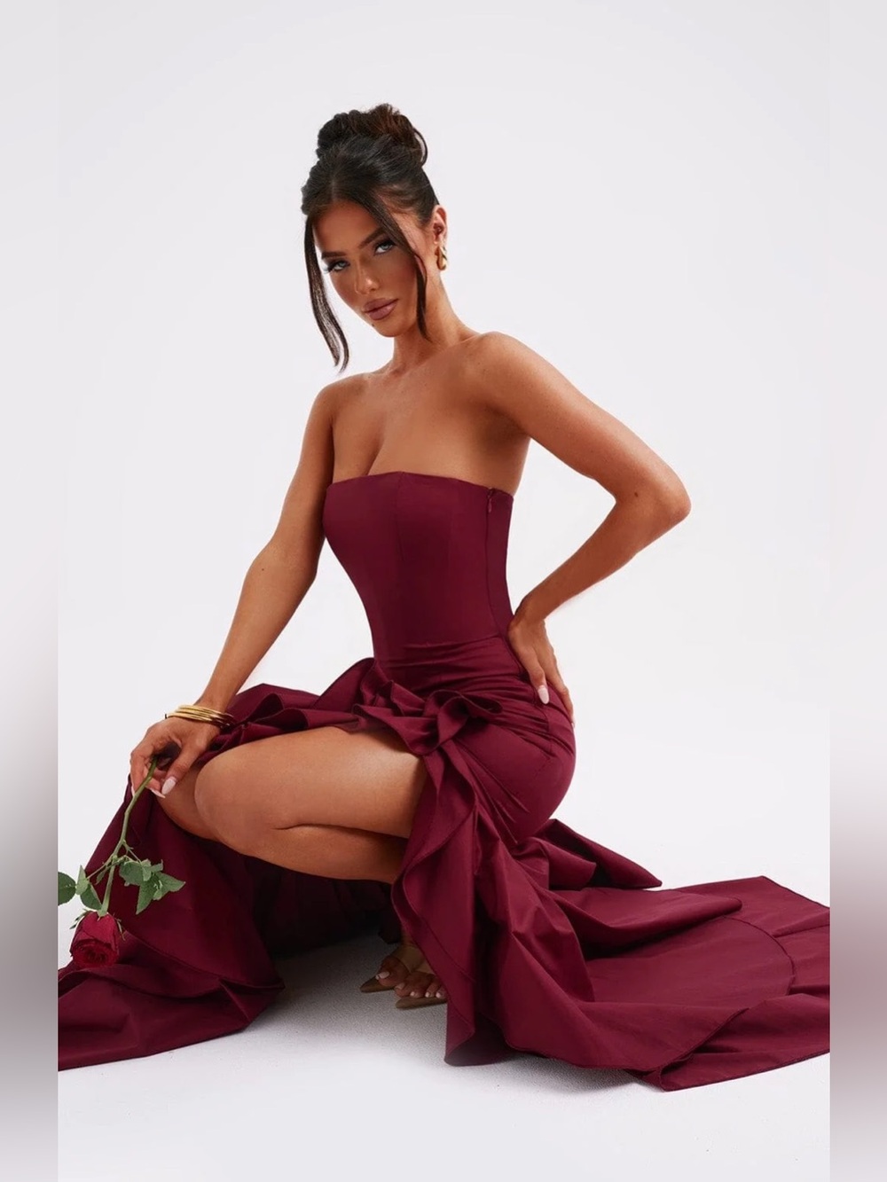 BABYBOO Angelina Maxi Dress XS Burgundy Red Mermaid Ruffle Slit Formal Wedding - Picture 3 of 8